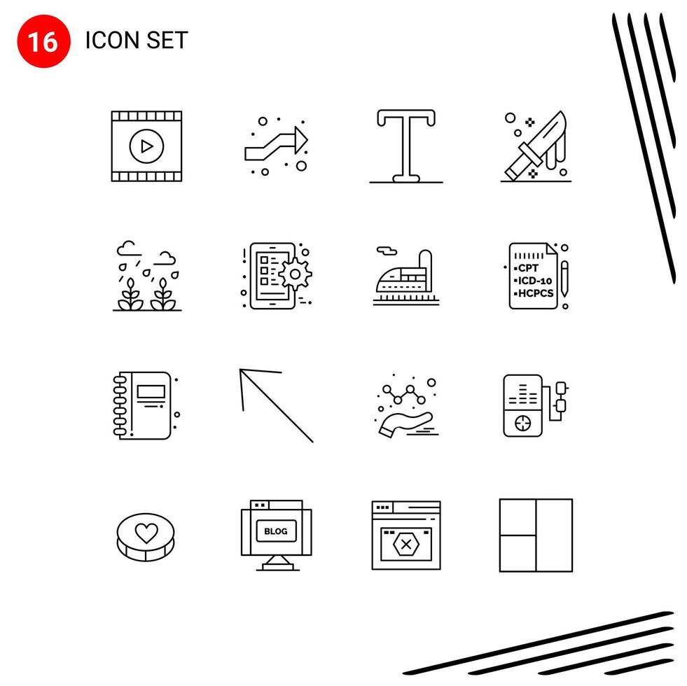 Pack of 16 Modern Outlines Signs and Symbols for Web Print Media such as leaf environment bold knife cut Editable Vector Design Elements