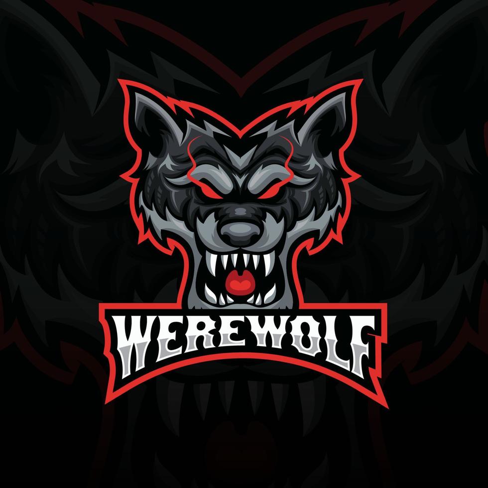 logotipo de esport de mascota de cabeza de lobo enojado negro y rojo. diseño de logotipo de cabeza de lobo de vista frontal vector