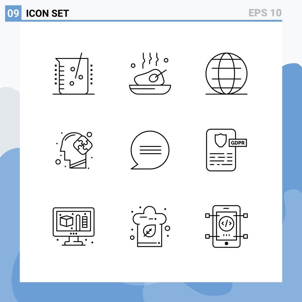 Pack of 9 creative Outlines of puzzle mind meal human security Editable Vector Design Elements