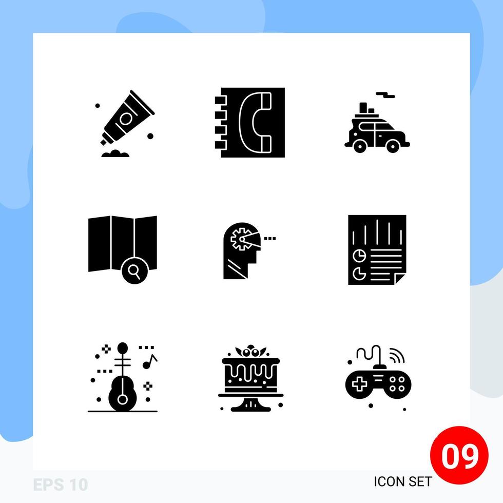 Universal Icon Symbols Group of 9 Modern Solid Glyphs of process search information map vehicle Editable Vector Design Elements