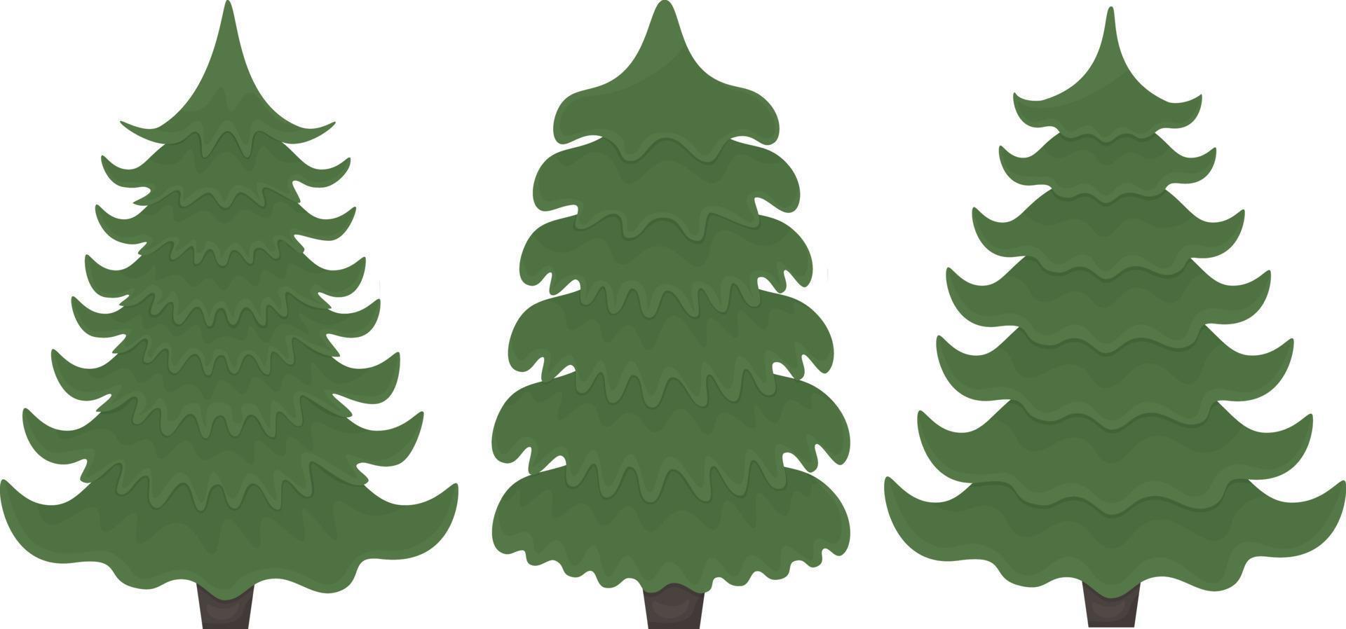 Christmas trees. A set of three Christmas trees of different shapes. Green fir trees. Three pine trees vector illustration on a white background