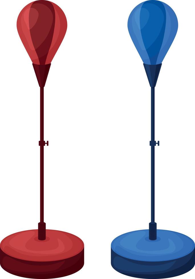 Two small red and blue punching bags on a stand. Sports equipment for boxing, kickboxing and other martial arts. Vector illustration isolated on a white background