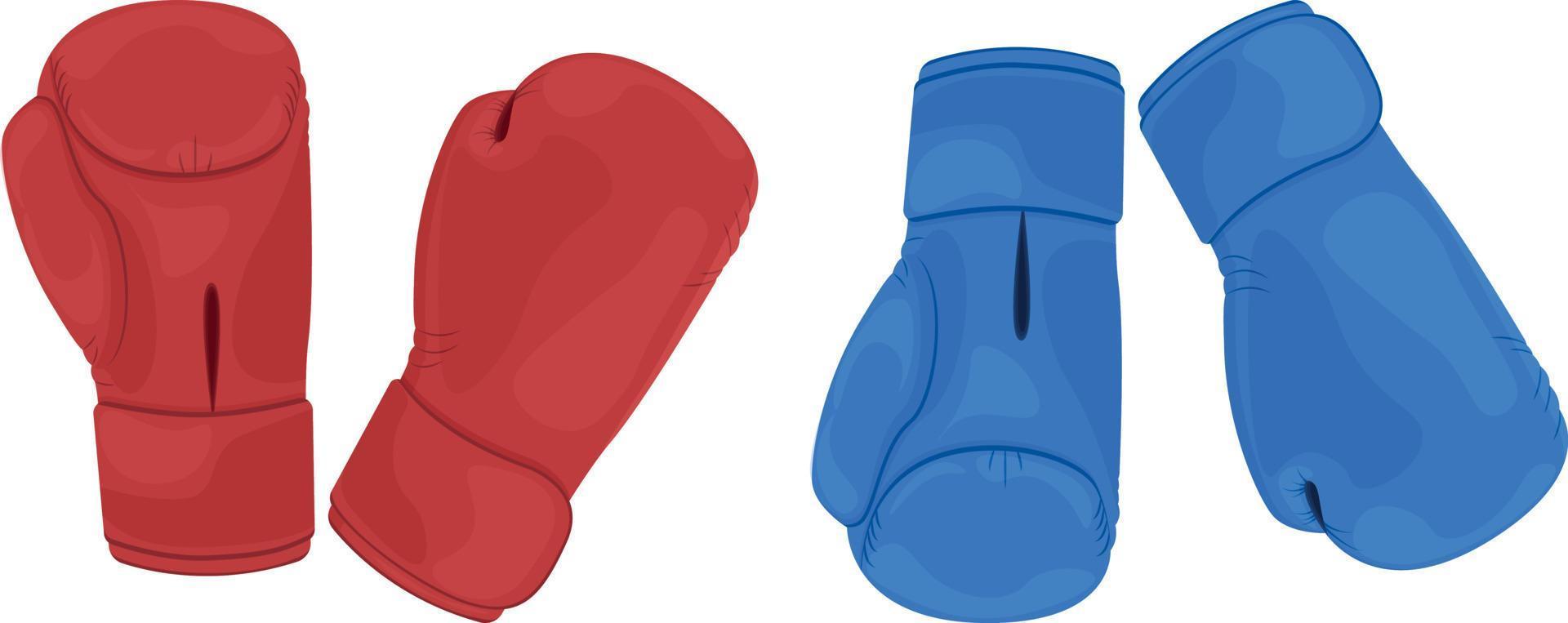 A sports set consisting of two pairs of red and blue boxing gloves. Boxing gloves to protect your hands from blows. Sports equipment for boxing, kickboxing and other martial arts. Vector illustration