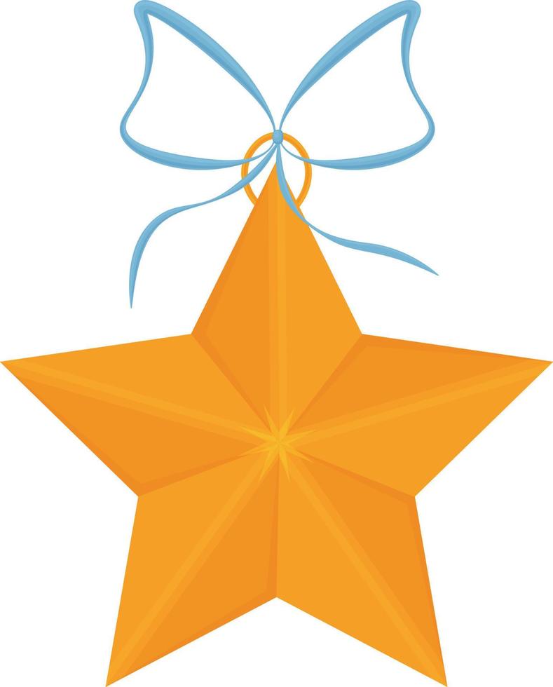 Star. A bright Christmas tree toy in the form of a golden star with a blue ribbon. New Year s toy for a festive Christmas tree. Christmas accessory. Vector illustration isolated on a white background