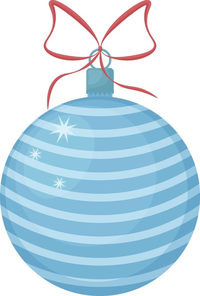 Christmas tree toy. A large, beautiful ball for decorating a Christmas tree, blue in color with a red ribbon. A festive New Year s toy. A New Year s accessory. Vector illustration isolated