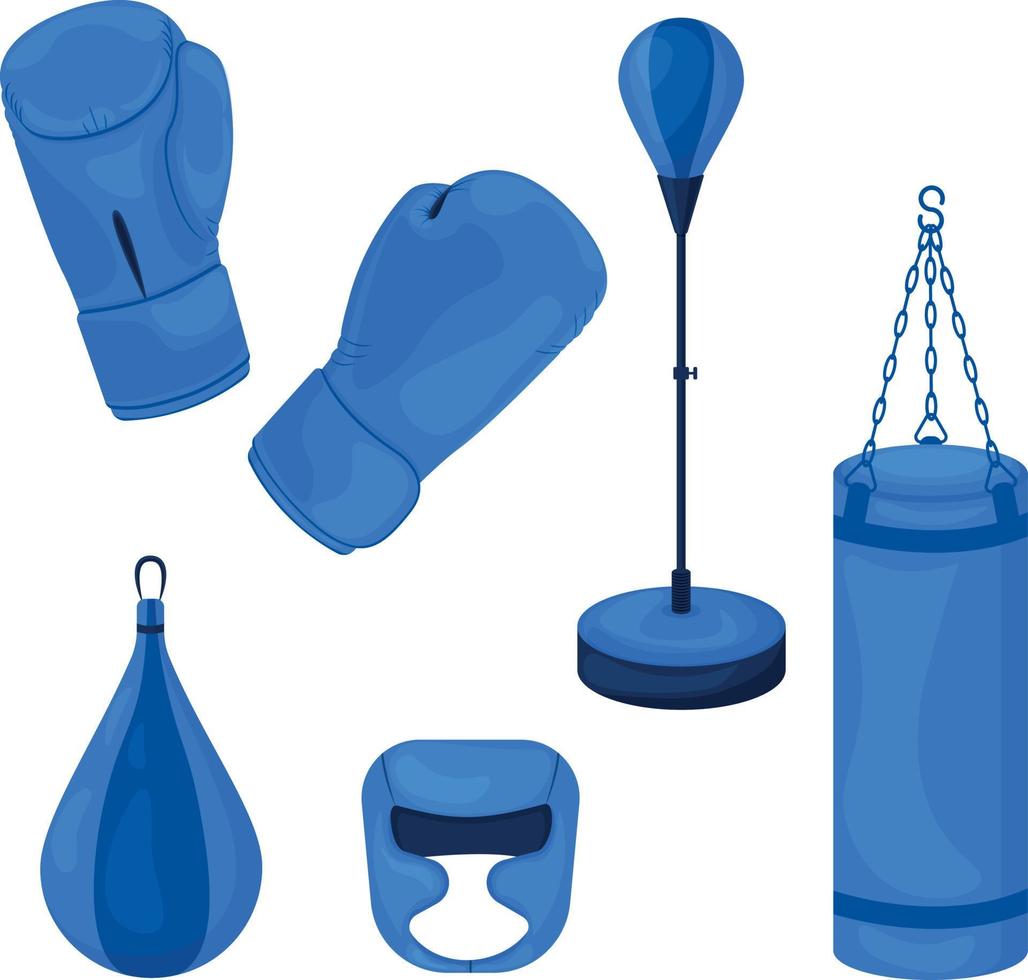 un conjunto de boxeo azul compuesto por un saco de boxeo, guantes para artes marciales y un casco protector para boxeo y kickboxing. Equipo de deporte. equipo para artes marciales.ilustración vectorial vector