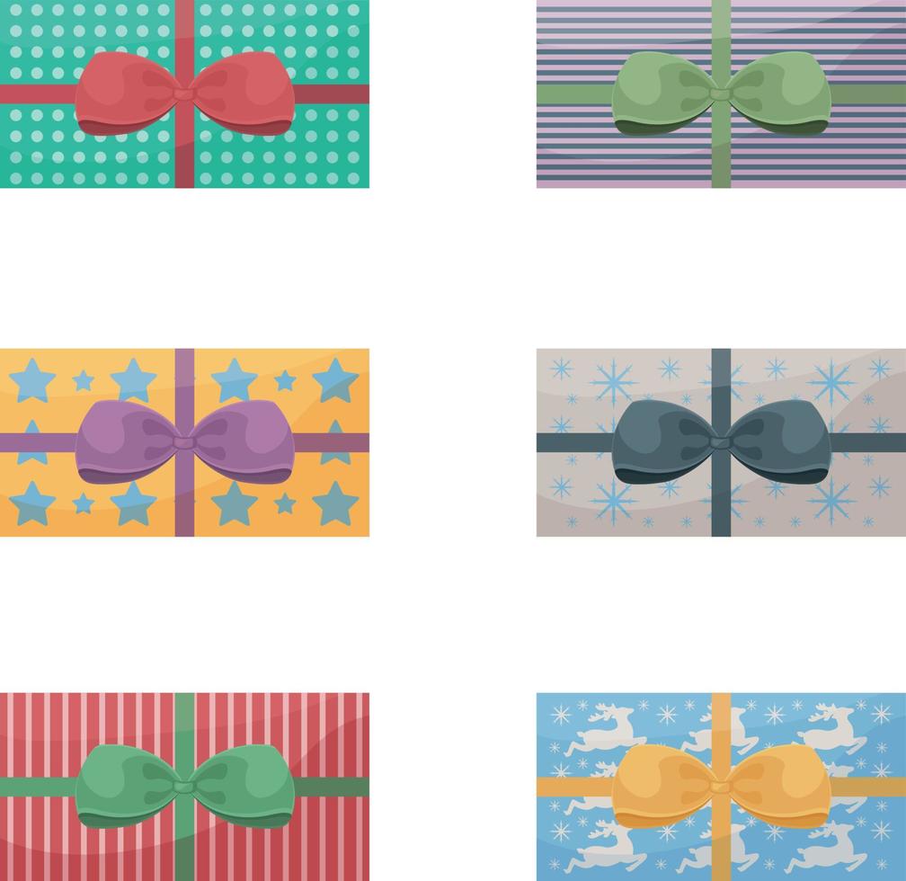 A large set of bright gift packages decorated with colorful bows. Packaging for gifts for New Year, Christmas, birthday, as well as Valentine s Day and other holidays. Vector illustration