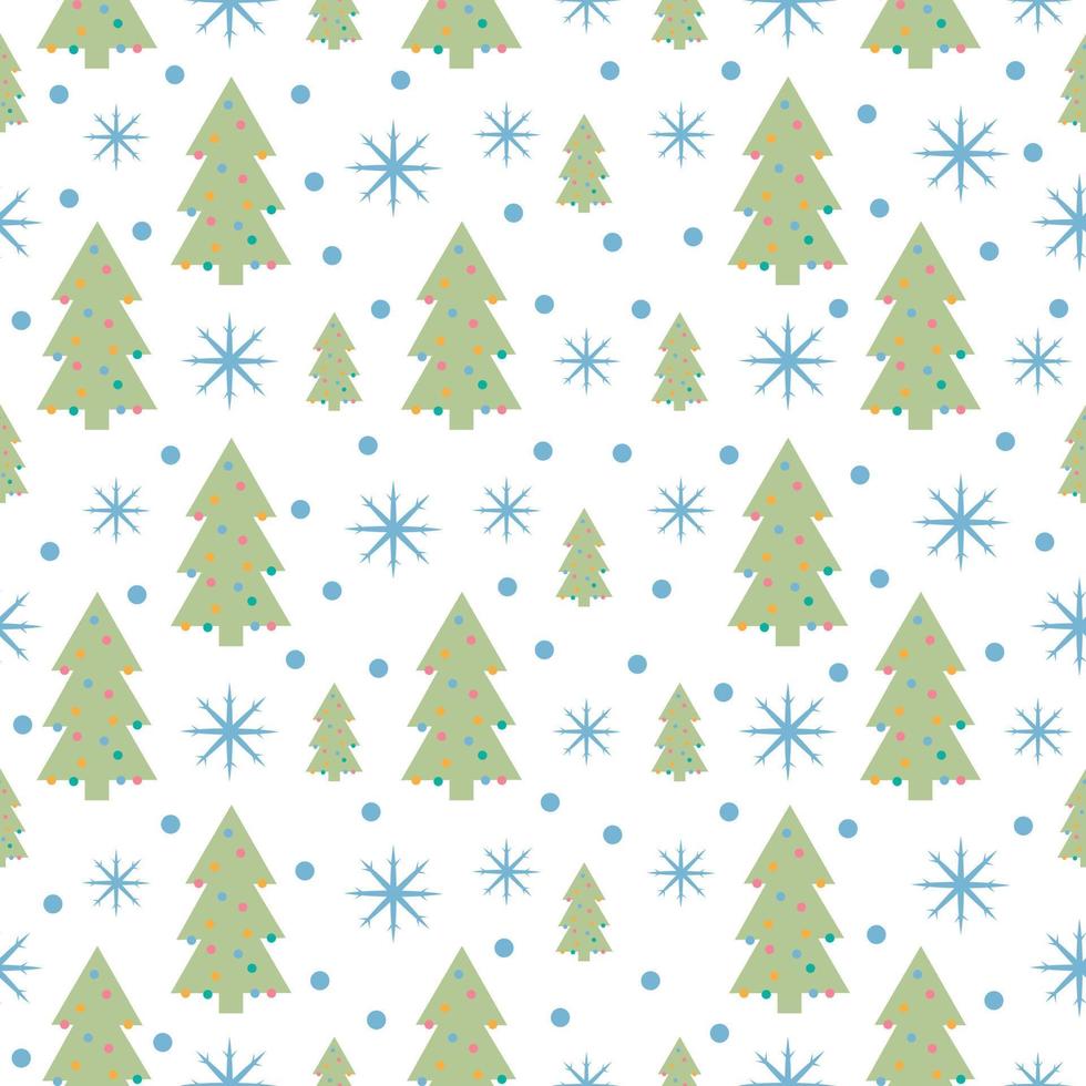 A bright New Year s seamless pattern in a cartoon style with the image of Christmas trees dressed up with toys and snowflakes. Christmas pattern for the print. Vector illustration