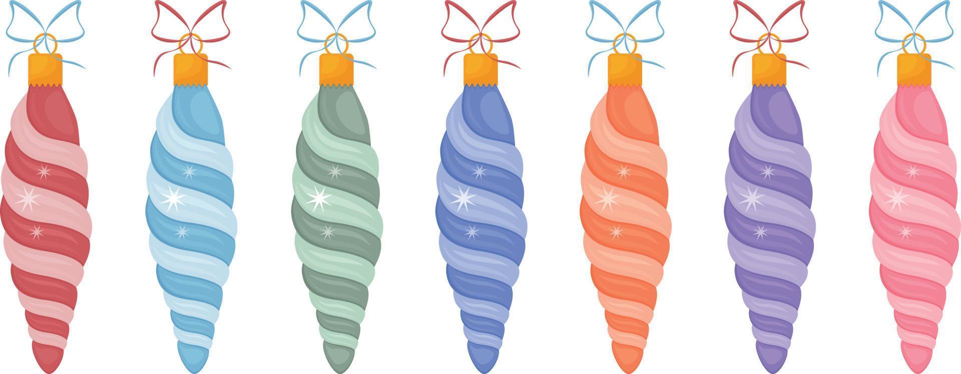 Set of toys-icicles of different colors, for a Christmas tree.Christmas tree toys. A festive New Year s toy. A New Year s accessory. Isolated vector illustrations