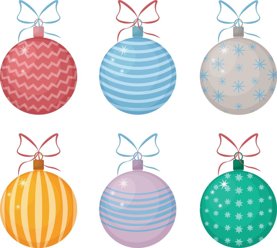 A festive set with Christmas tree toys in the form of colorful balls. Christmas toys for the Christmas tree. Balloons for a festive Christmas tree. Vector illustration