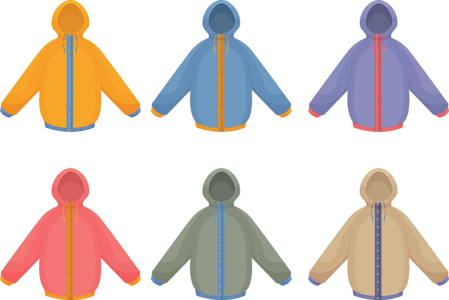A large set with the image of warm autumn jackets of different colors and styles. Insulated jackets for walking and playing sports in cold weather. Winter jackets. Vector illustration