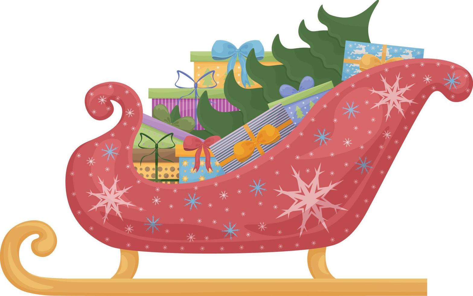 Santa Claus sleigh with gift boxes and a Christmas tree. Santa s bright red sleigh decorated with white and blue snowflakes. Santa Claus Christmas transport. Vector illustration isolated