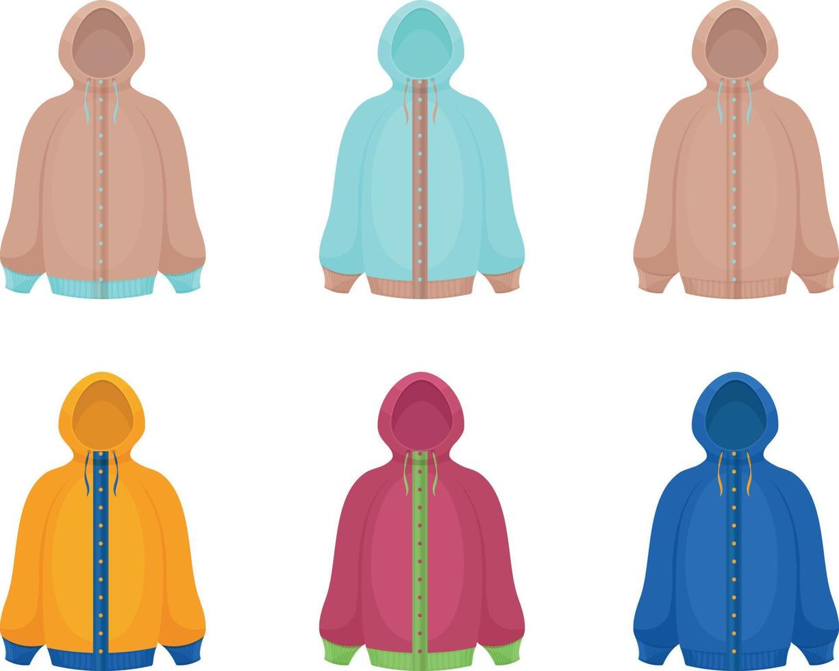 A large set of autumn-winter jackets of different colors. Jackets with a hood. Warm hoodies for walking in cold weather. Vector illustration