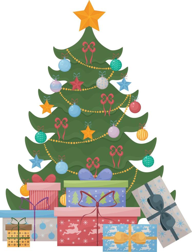 A bright festive Christmas tree decorated with Christmas balls. Christmas tree with Christmas gifts. New year tree with colorful gift boxes. Vector illustration on a white background