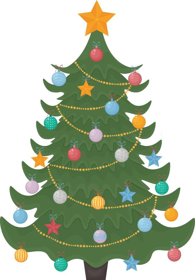 árbol de Navidad. un árbol de navidad brillante decorado con juguetes festivos, una guirnalda y una estrella dorada en la parte superior de la cabeza. Ilustración de vector de árbol de pino de Navidad aislado en un fondo blanco