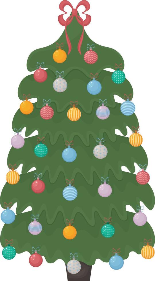 un árbol de Navidad. un árbol de navidad brillante decorado con juguetes festivos, una guirnalda y un lazo rojo en la parte superior de la cabeza. ilustración vectorial de un pino de navidad aislado en un fondo blanco vector