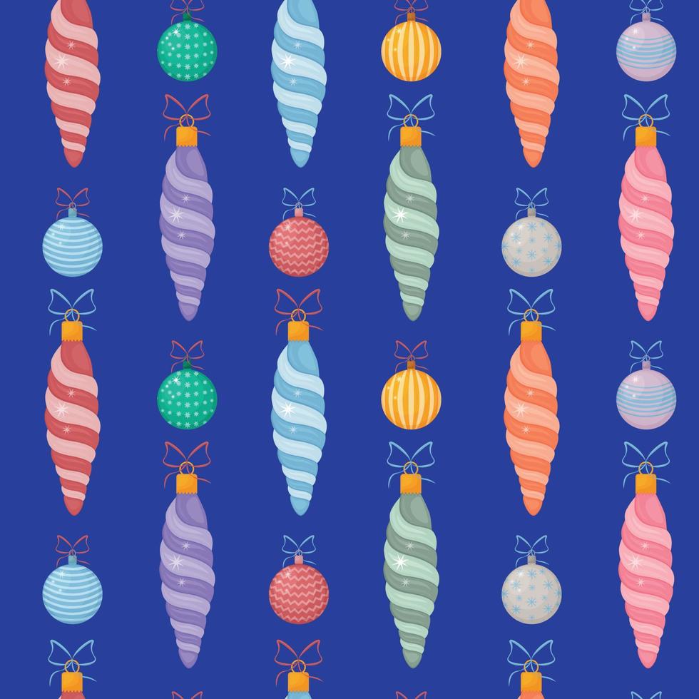 Bright New Year seamless pattern in cartoon style with the image of Christmas toys, in the form of icicles. New Year's pattern for printing. Christmas toys. Vector illustration