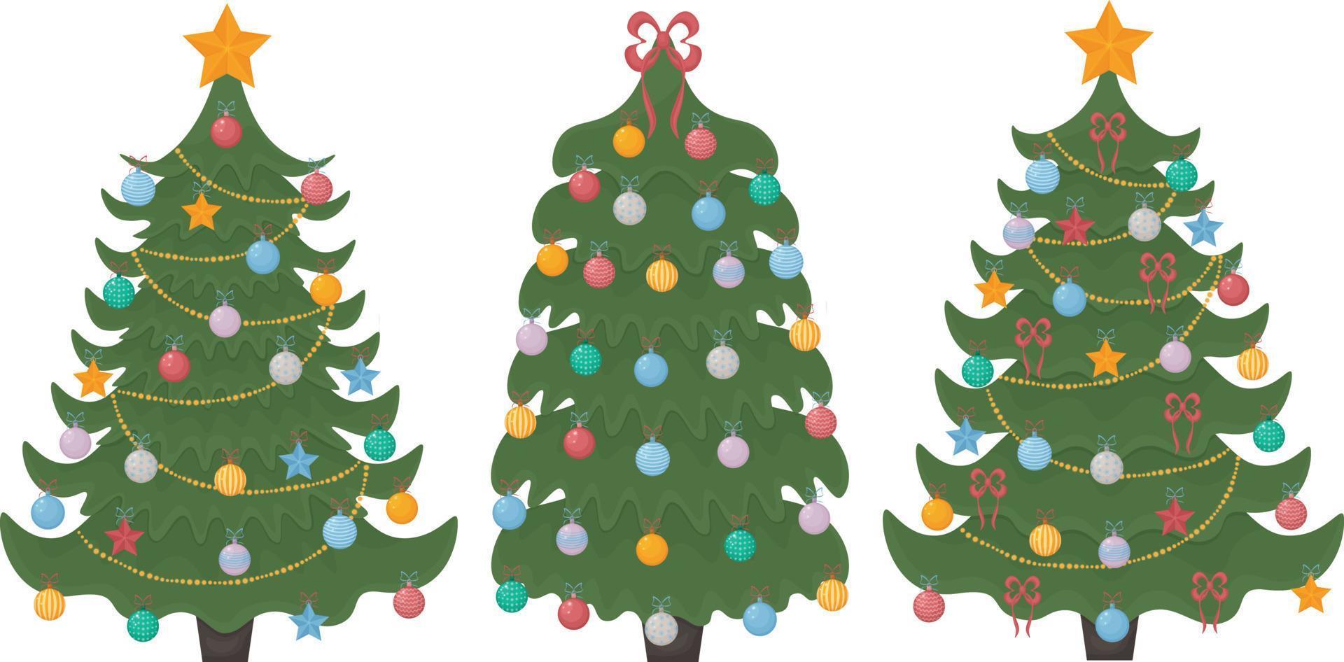 Christmas trees. A set of three Christmas trees decorated with festive toys, garlands and a golden star on the top and also bows. Vector illustration of a Christmas pine tree isolated