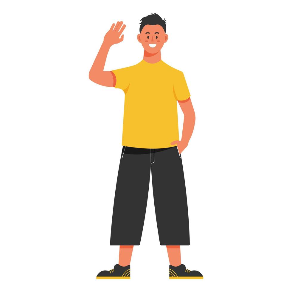 A young man in casual clothes stands and waves his hand. Isolated vector illustration.