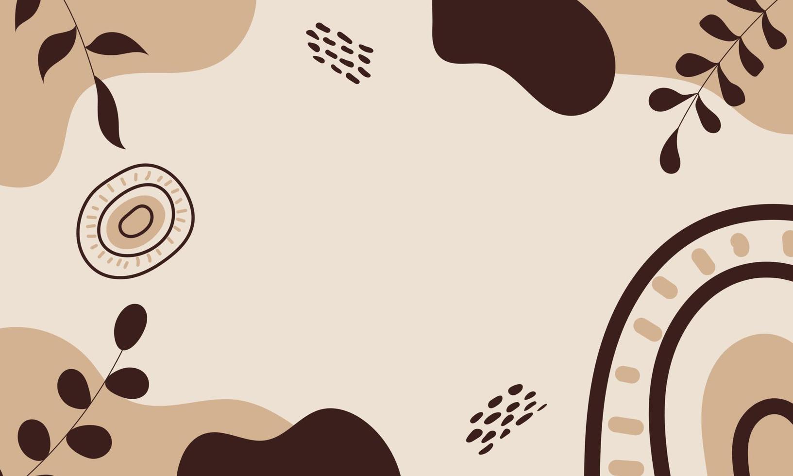 Aesthetic background. Boho background. Background with sun, leaves, dots and geometric shapes in boho and aesthetic style. Vector Illustration.