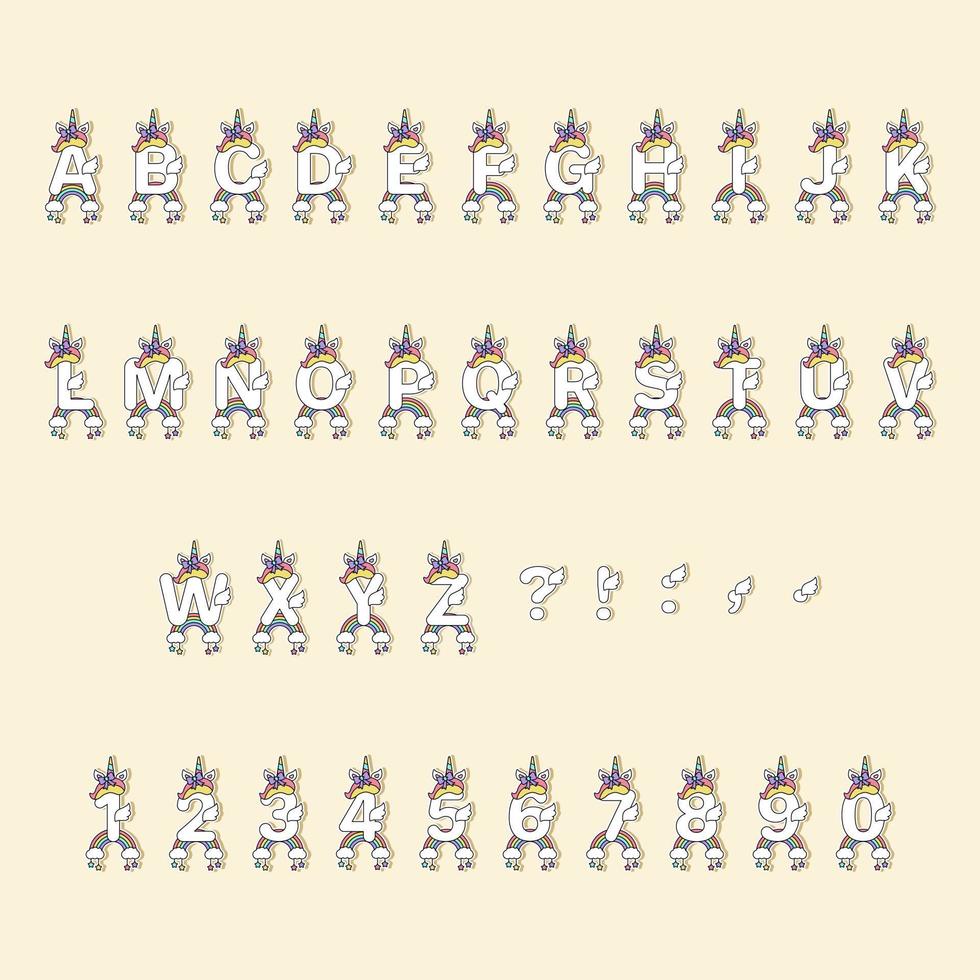 conjunto de números y alfabeto de unicornios. conjunto vectorial de personajes de unicornios con letras y números para cumpleaños, invitación, tarjeta de baby shower, camisetas para niños y kit de pegatinas. vector
