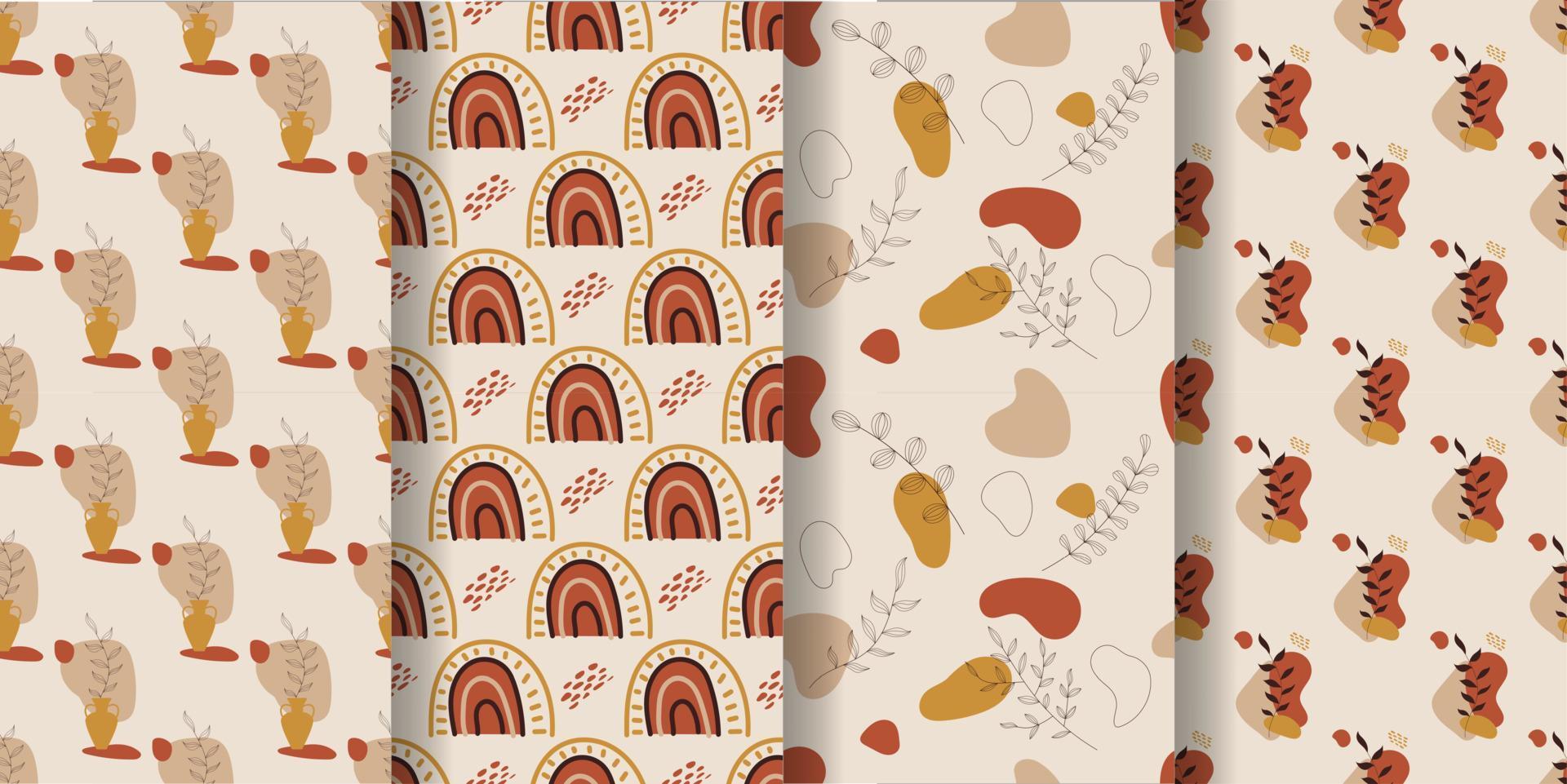Aesthetic patterns. Boho patterns. Set of seamless pattern with  rainbows, moon, sun, leaves, dots and abstract shapes in boho and aesthetic style. Vector Illustration.