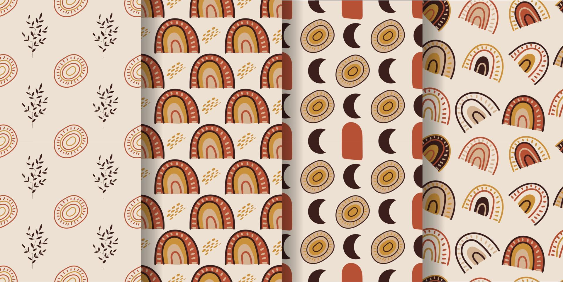 Aesthetic patterns. Boho patterns. Set of seamless patterns with  rainbows, moon, sun, leaves, dots and abstract shapes in boho and aesthetic style. Vector Illustration.