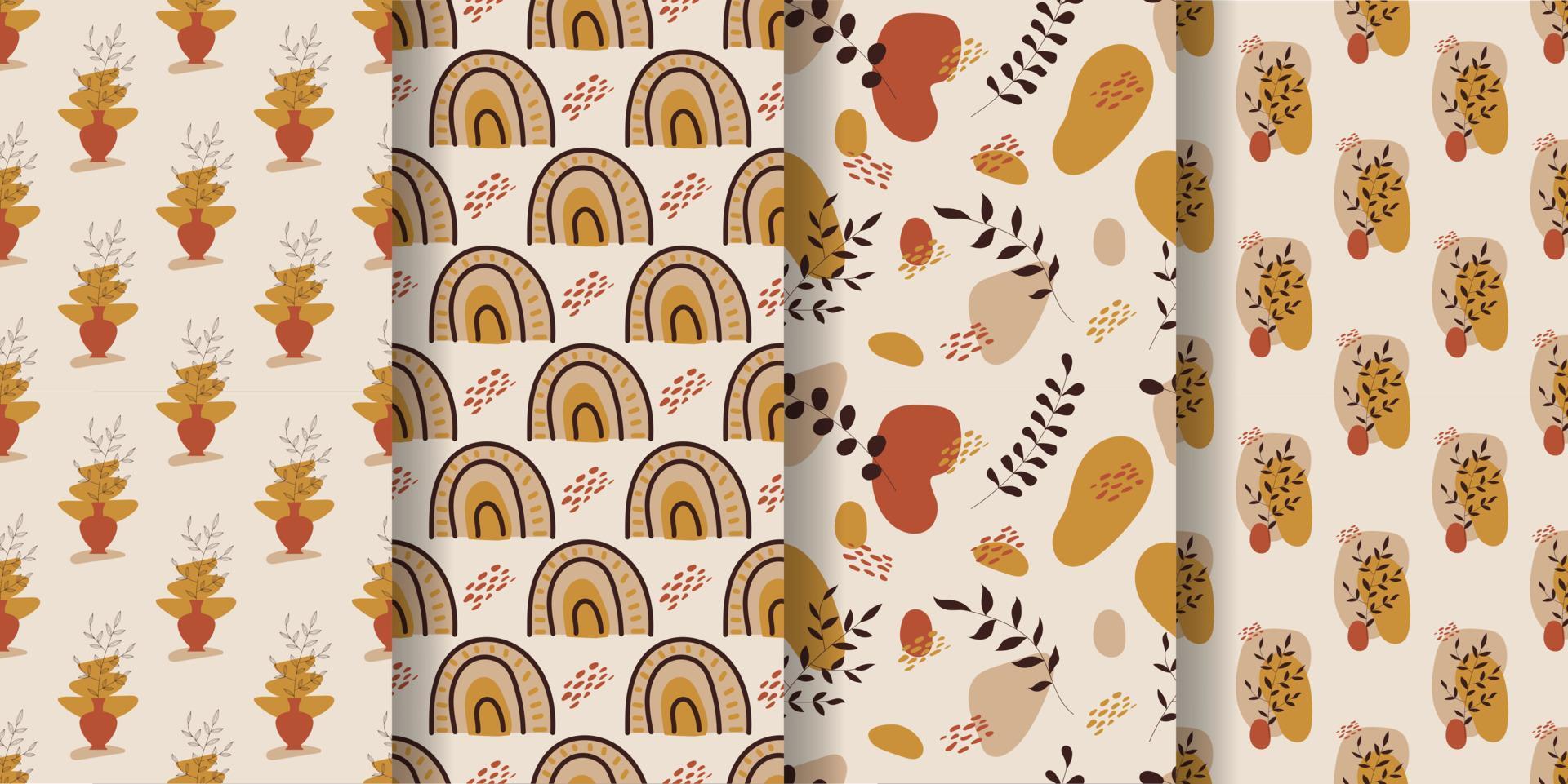Aesthetic patterns. Boho patterns. Set of seamless pattern with  rainbows, moon, sun, leaves, dots and abstract shapes in boho and aesthetic style. Vector Illustration.