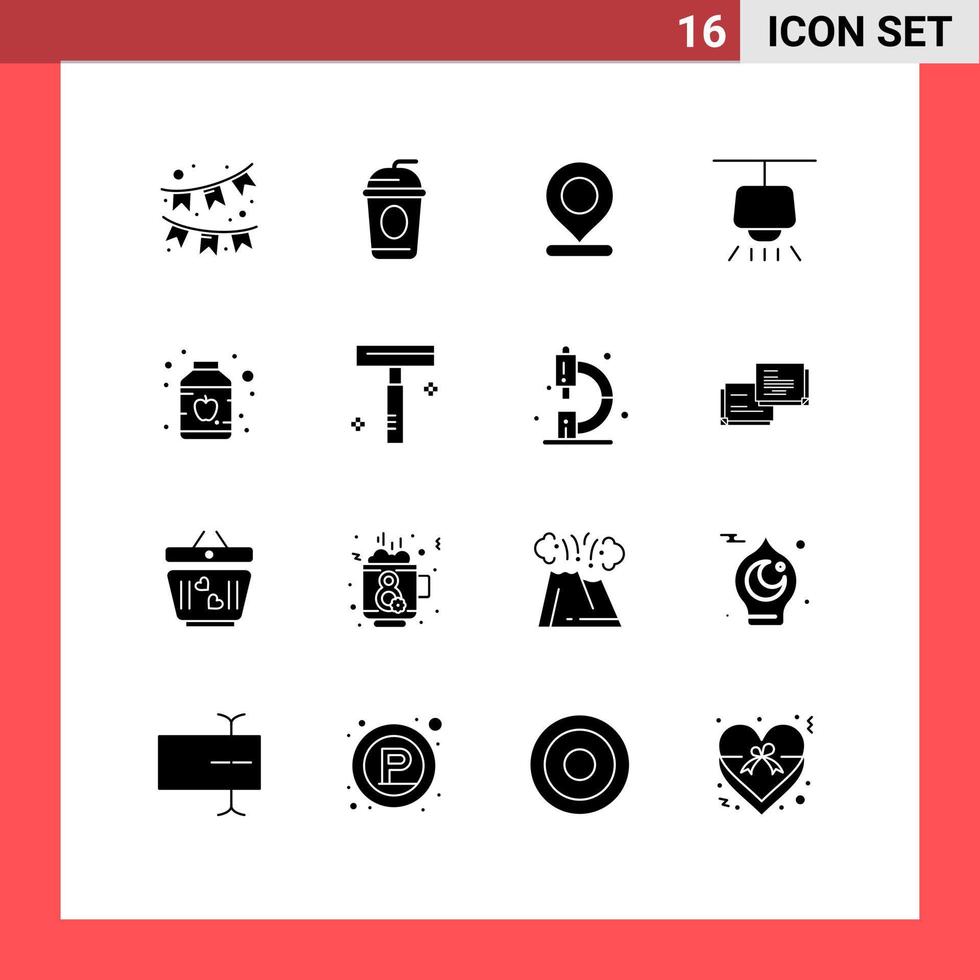 Set of 16 Vector Solid Glyphs on Grid for cosmetic preserves marker food light Editable Vector Design Elements