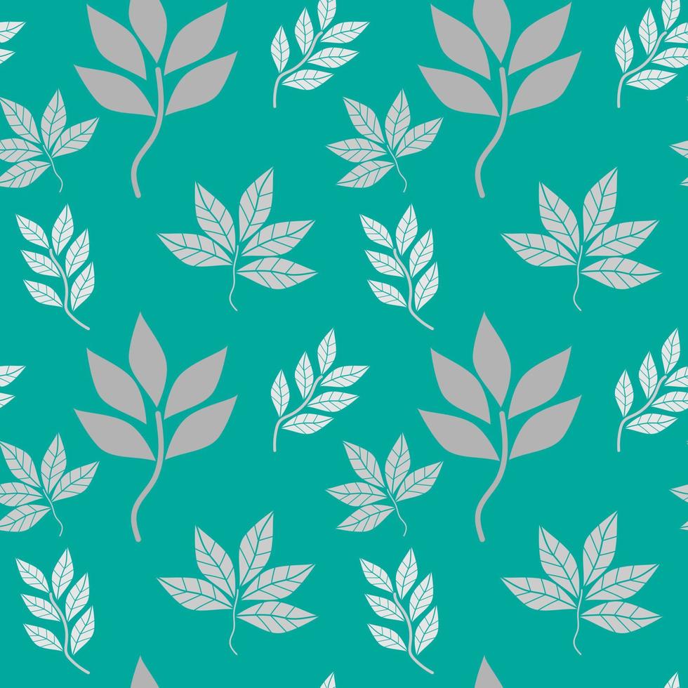 Silver leaves seamless pattern on green background. Geometric leaf line seamless patterns vintage retro vector illustration. Design for textile, wallpaper, clothing, backdrop, tile floor, wrapping.