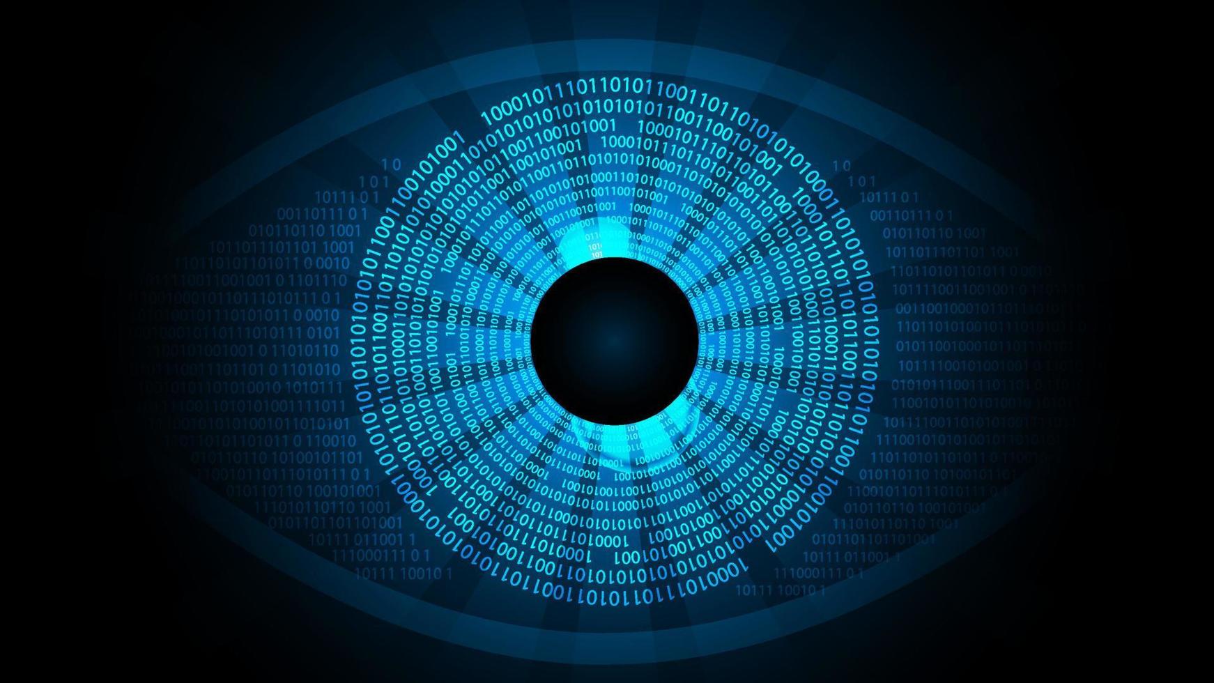 Digital eye data network cyber security technology binary code 0 to 1 glowing blue on dark background. Futuristic tech of virtual cyberspace and internet secure surveillance. Safety scanner. Vector