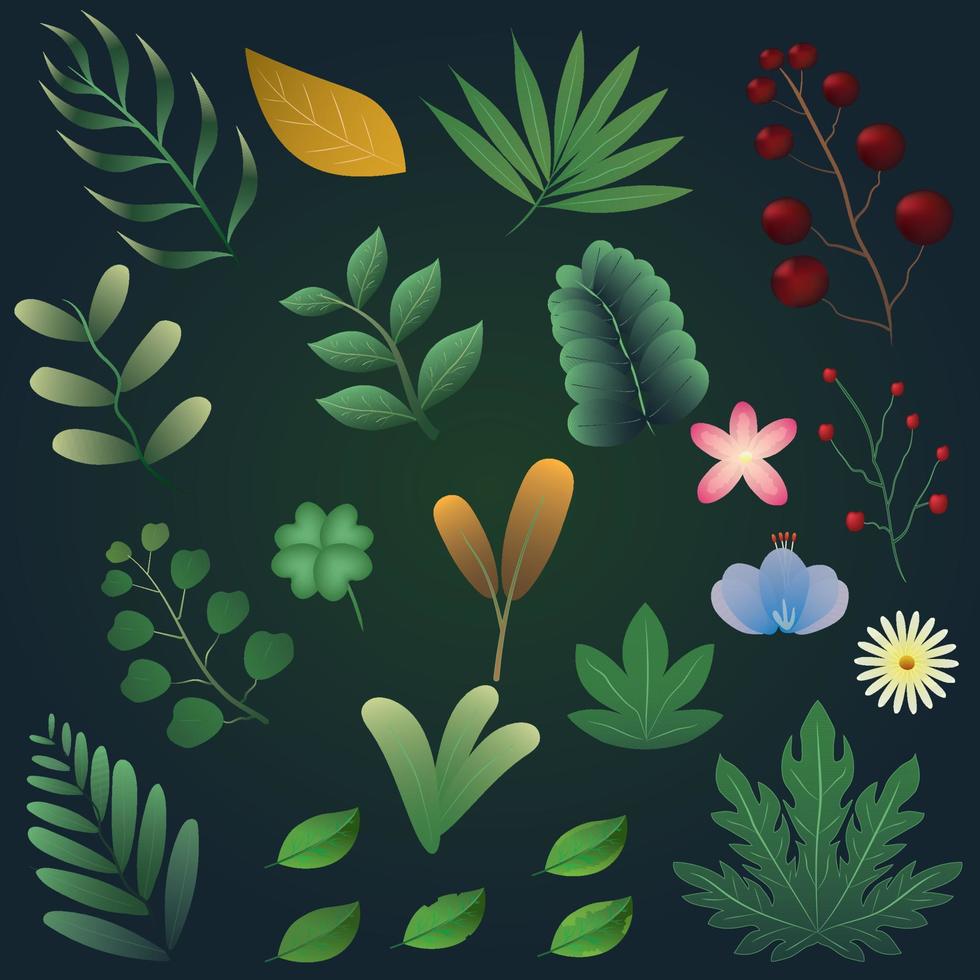 Ilustración de vector de hojas tropicales abstractas para vacaciones de diseño de publicidad de paraíso tropical de verano. elementos de diseño de hojas imágenes prediseñadas botánicas. conjunto de hojas verdes, helechos, palmeras, hierbas y ramas.