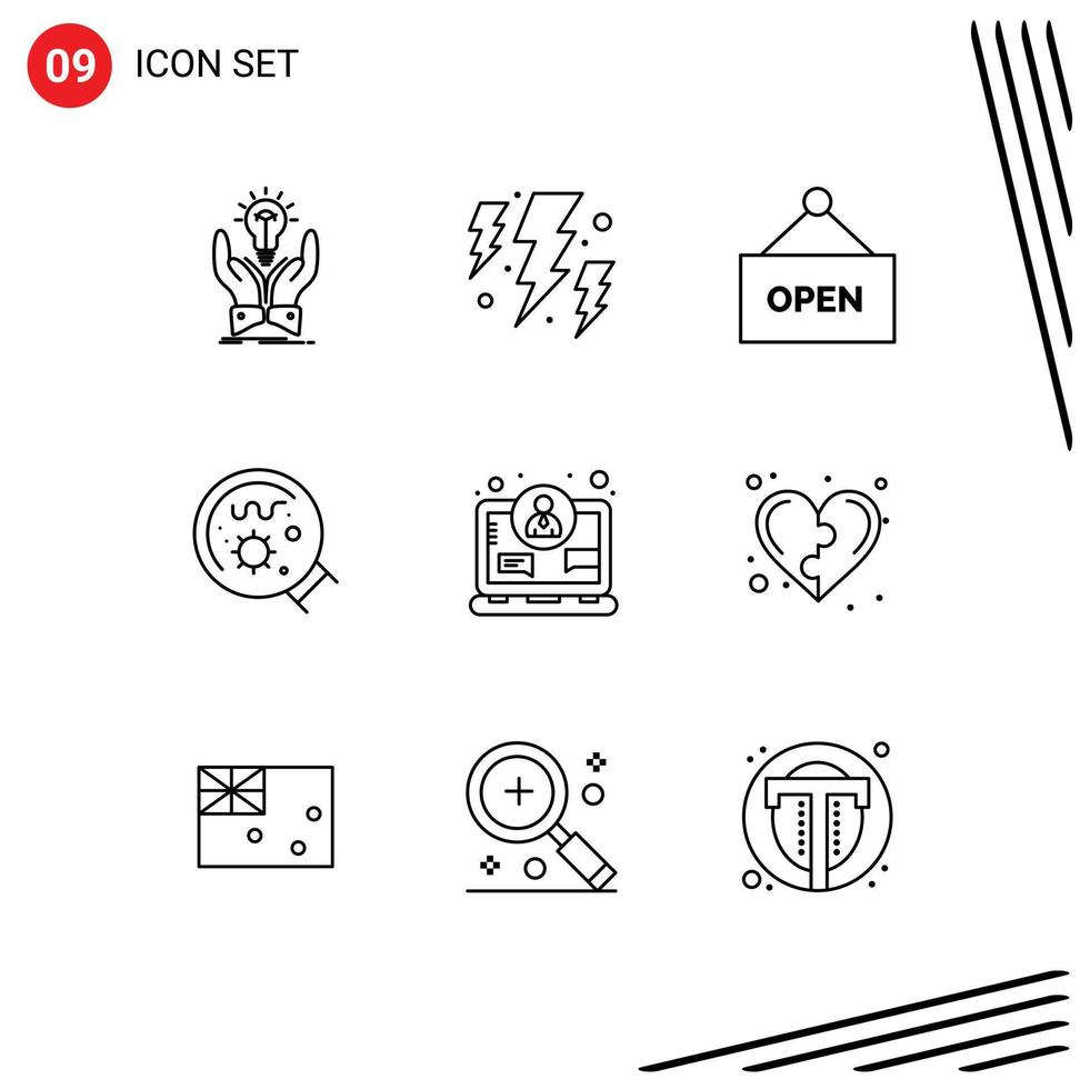 9 Thematic Vector Outlines and Editable Symbols of concept science weather magnifier germs Editable Vector Design Elements