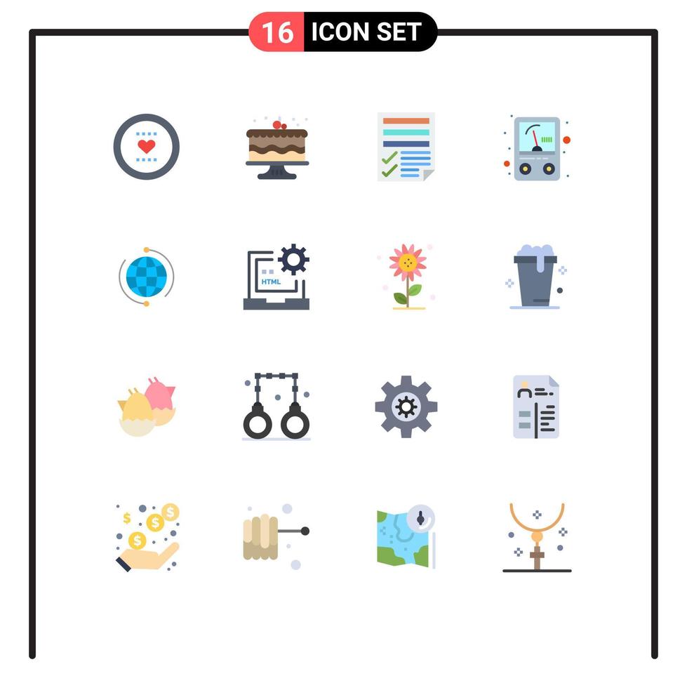 paquete de 16 signos y símbolos de colores planos modernos para medios de impresión web, como papel de amperios de fiesta de medidor de globo, paquete editable de elementos creativos de diseño de vectores