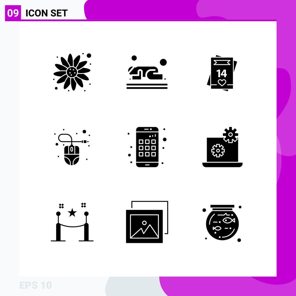 9 User Interface Solid Glyph Pack of modern Signs and Symbols of app hardware feb computer mouse card Editable Vector Design Elements