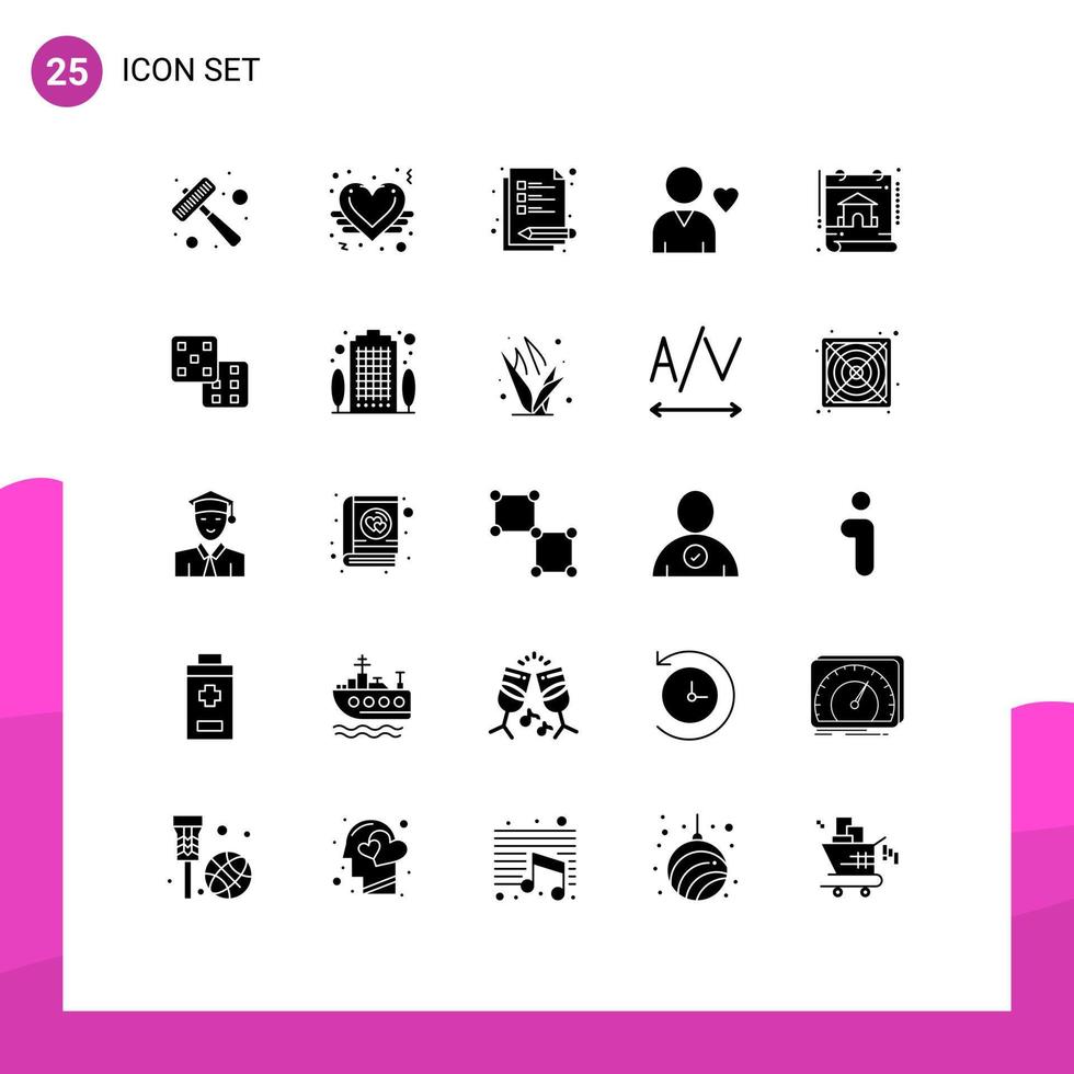 paquete de 25 signos y símbolos de glifos sólidos modernos para medios de impresión web, como elementos de diseño de vectores editables para amigos del calendario de conferencias de construcción de bienes raíces
