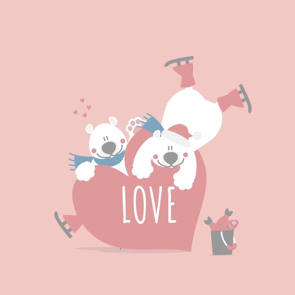 cute and lovely hand drawn teddy bear hugging heart with ice skate, happy valentine's day, love concept, flat vector illustration cartoon character costume design