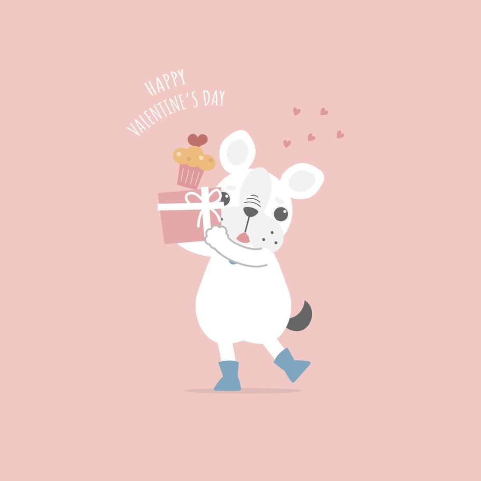 Lindo y encantador pug de bulldog francés dibujado a mano con regalo y cupcake y corazón, feliz día de San Valentín, concepto de amor, diseño de vestuario de personaje de dibujos animados de ilustración vectorial plana vector