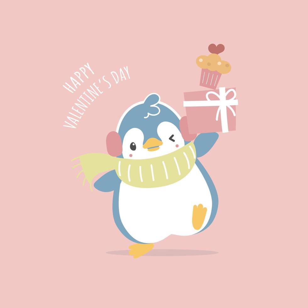 cute and lovely hand drawn penguin holding gift and cupcake with heart, happy valentine's day, love concept, flat vector illustration cartoon character costume design