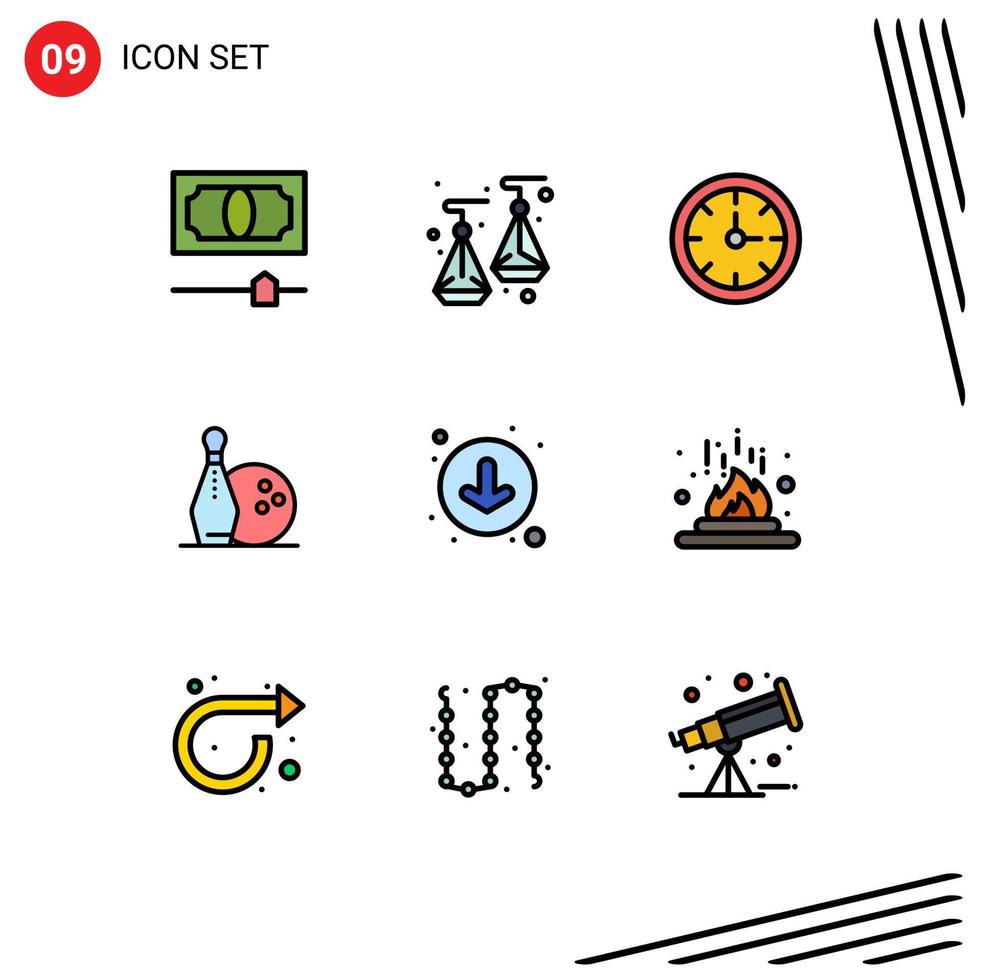 Group of 9 Filledline Flat Colors Signs and Symbols for chemical circle stopwatch arrows bowls Editable Vector Design Elements