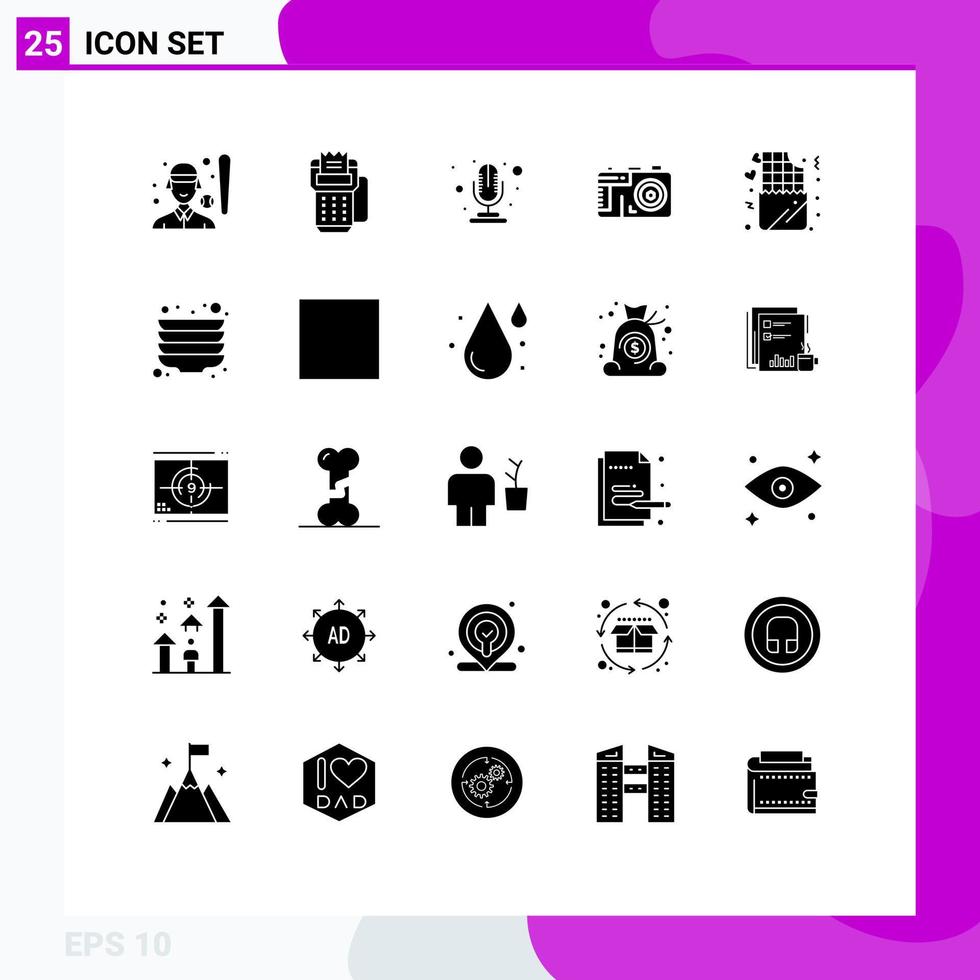 Modern Set of 25 Solid Glyphs Pictograph of lifestyle photo machine design record Editable Vector Design Elements