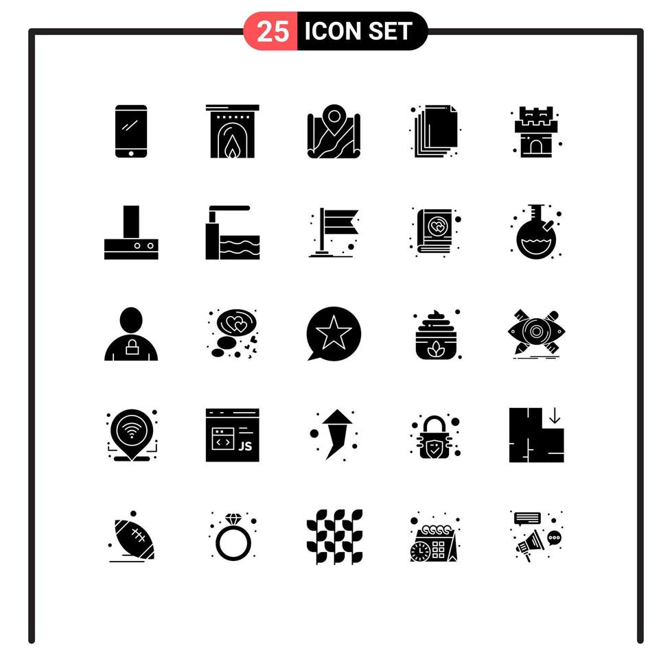 Group of 25 Modern Solid Glyphs Set for castle layers map layer destination Editable Vector Design Elements