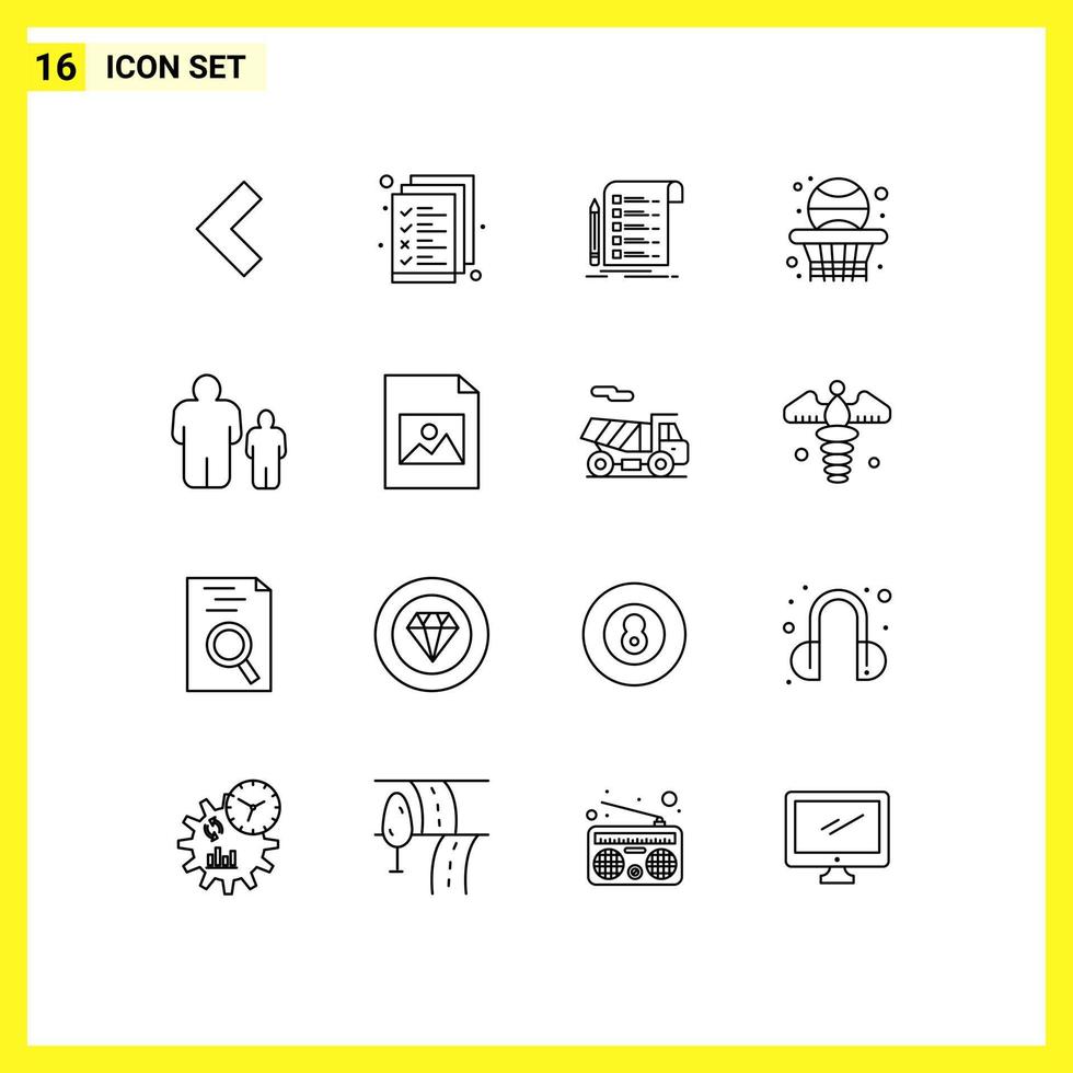 Outline Pack of 16 Universal Symbols of family basketball report education back Editable Vector Design Elements