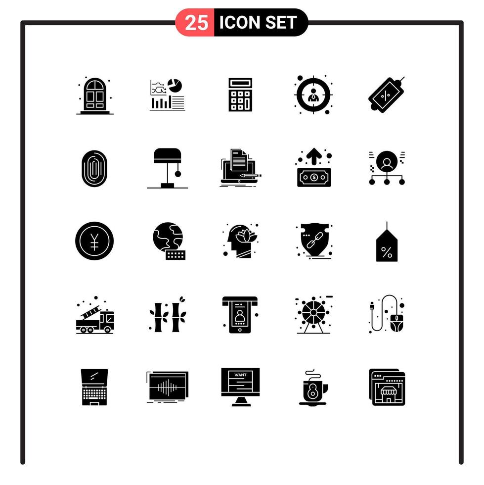 Set of 25 Vector Solid Glyphs on Grid for fingerprint sale calculate market target Editable Vector Design Elements