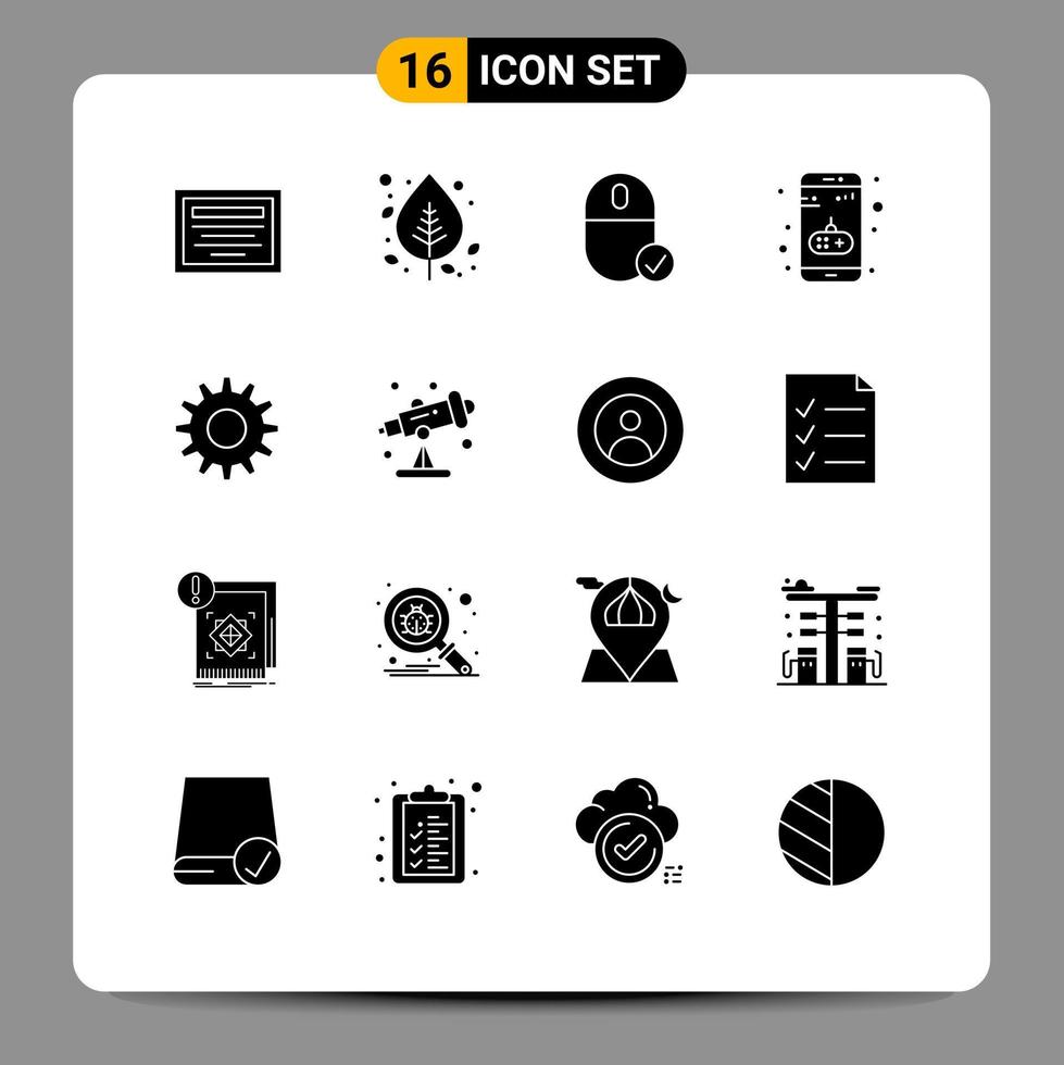 Set of 16 Vector Solid Glyphs on Grid for cogs game computers entertainment hardware Editable Vector Design Elements