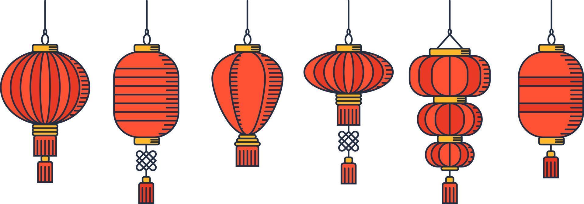 Chinese Lanterns Cartoony Vector Icon Set