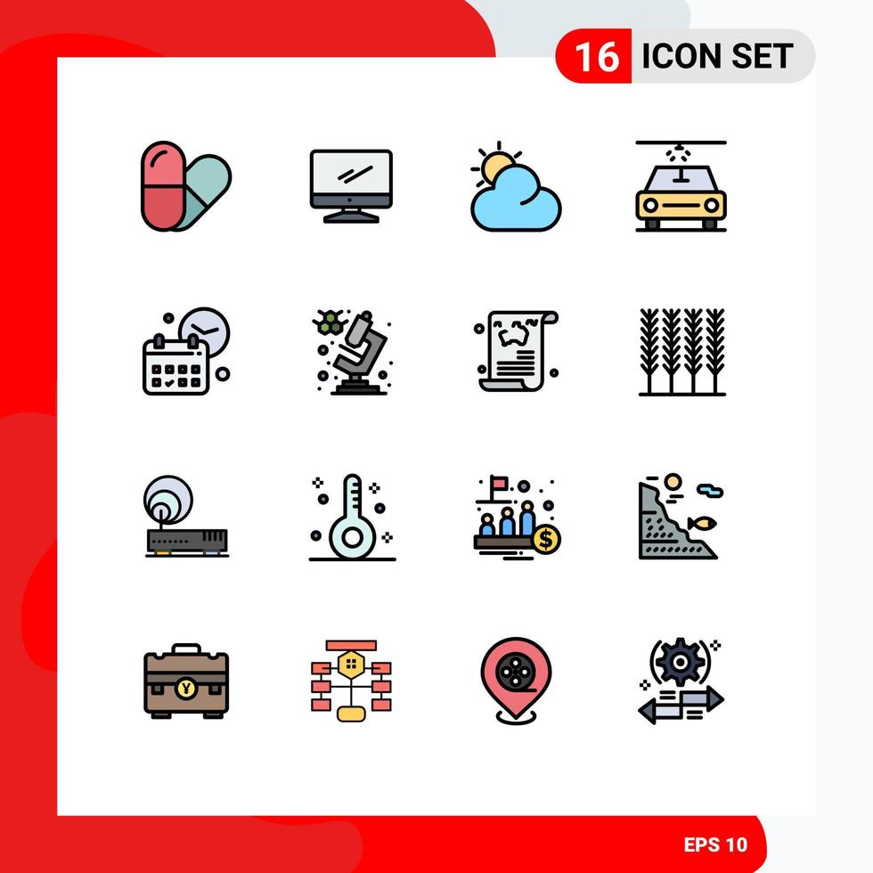 16 User Interface Flat Color Filled Line Pack of modern Signs and Symbols of microscope job weather time date Editable Creative Vector Design Elements