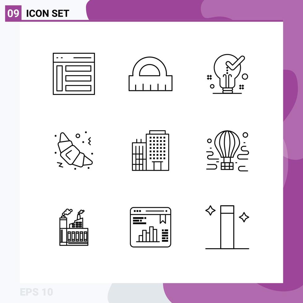 Group of 9 Modern Outlines Set for building food bulb fast food tick Editable Vector Design Elements