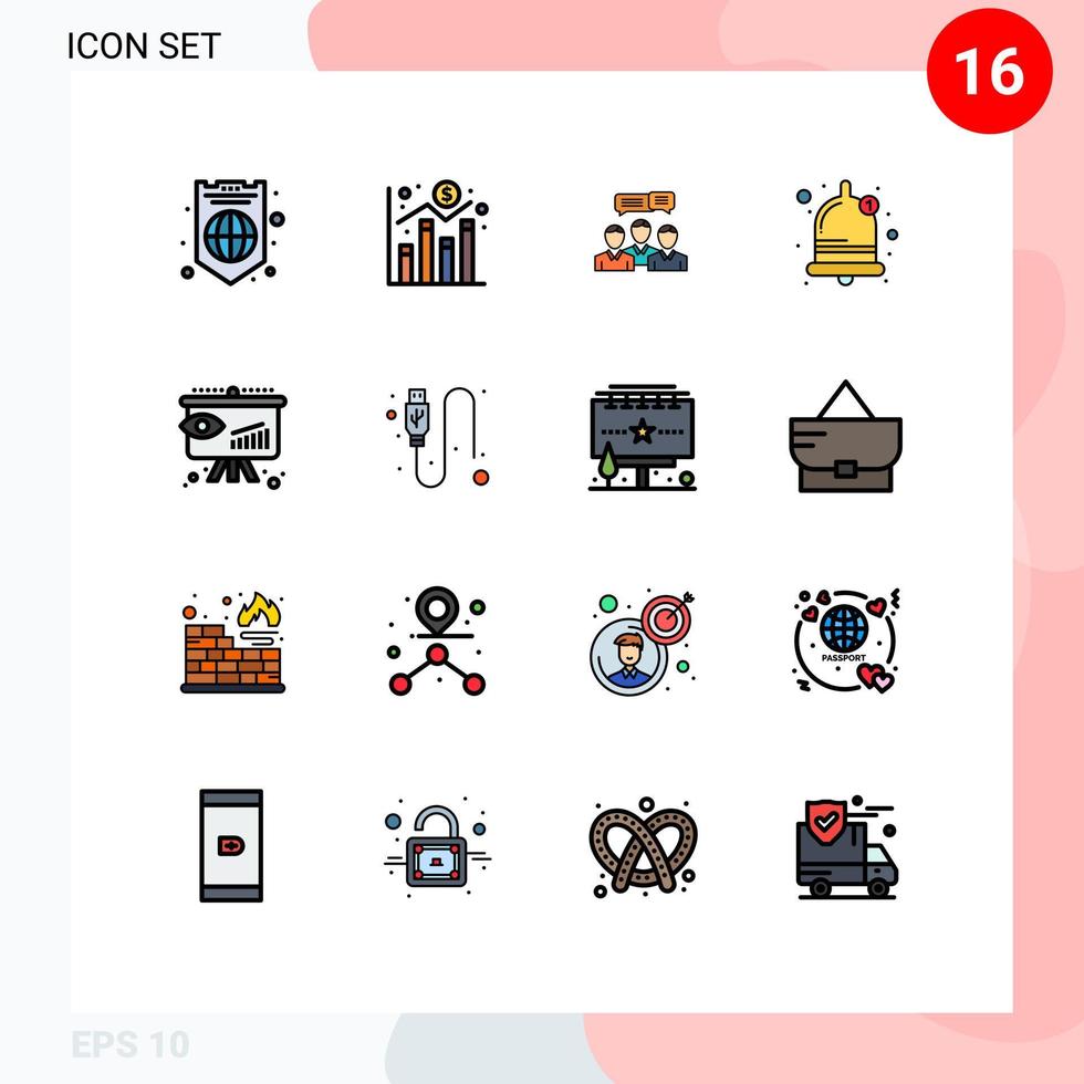 Universal Icon Symbols Group of 16 Modern Flat Color Filled Lines of business bell chat alarm meeting Editable Creative Vector Design Elements