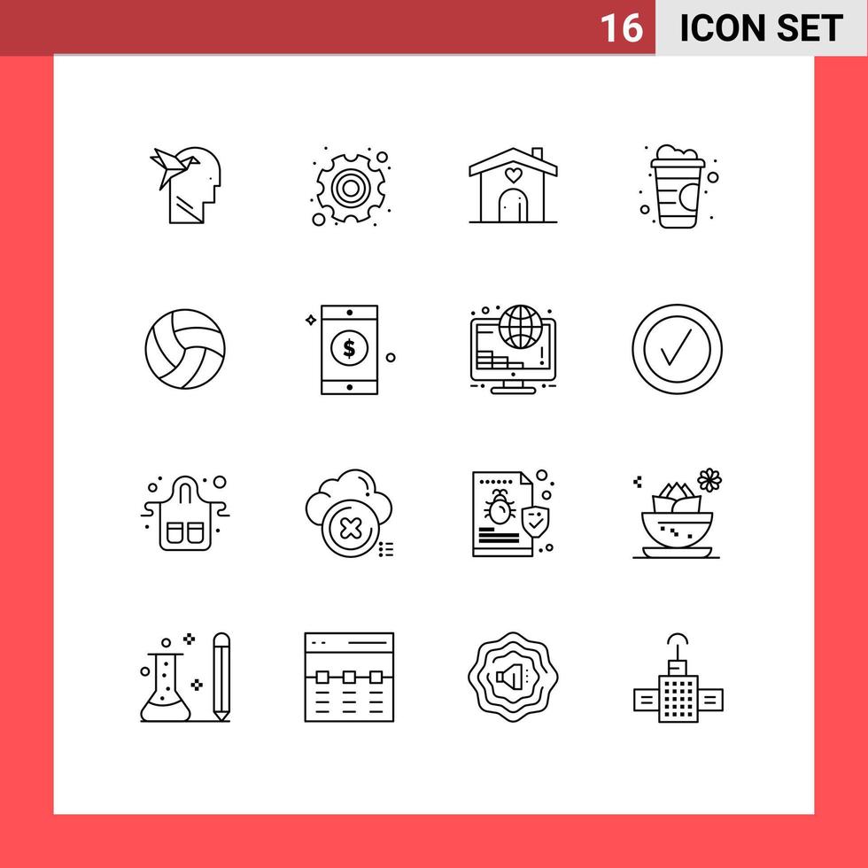 Stock Vector Icon Pack of 16 Line Signs and Symbols for volleyball ball home soft drink drink Editable Vector Design Elements